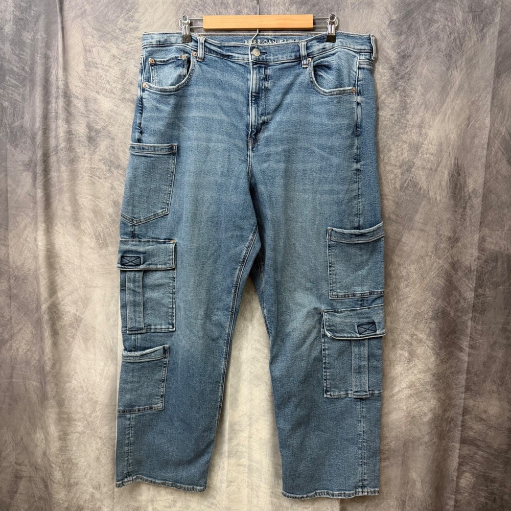 American Eagle Women Blue Cargo Jeans Straight Leg Utility Pants Size 20 Regular
